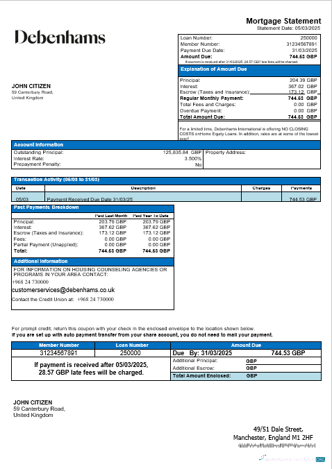 Download United Kingdom Debenhams mortgage statement in Word and PDF formats Photoshop template